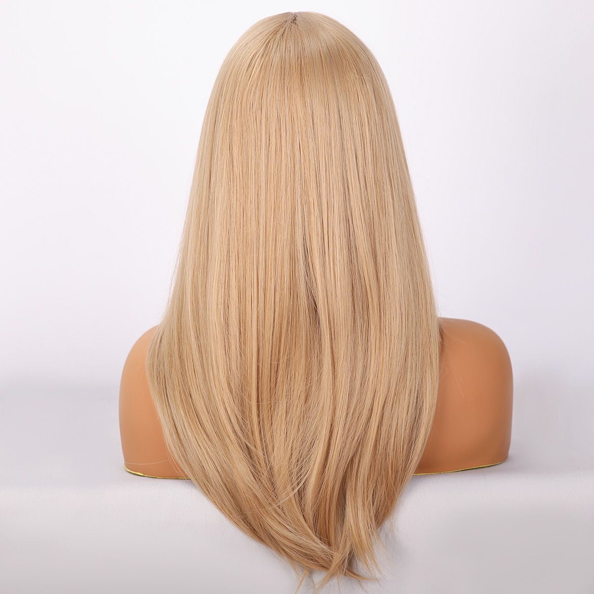 Warm-toned blonde synthetic wig with long straight back hair and center part