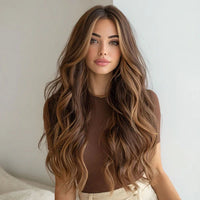 Synthetic blend wig: long loose wavy brown hair with darker roots, center part.