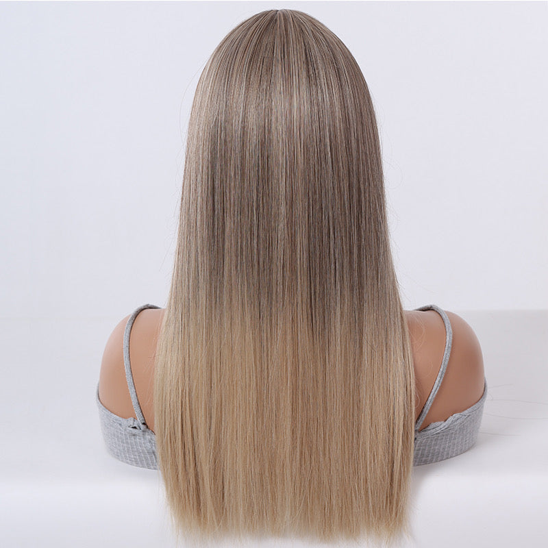 Back view of synthetic wig with straight ash-blonde ombre hair
