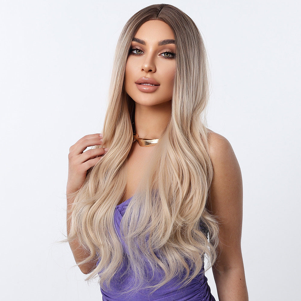 Long wavy synthetic wig in ash blonde with darker roots, side part and loose waves