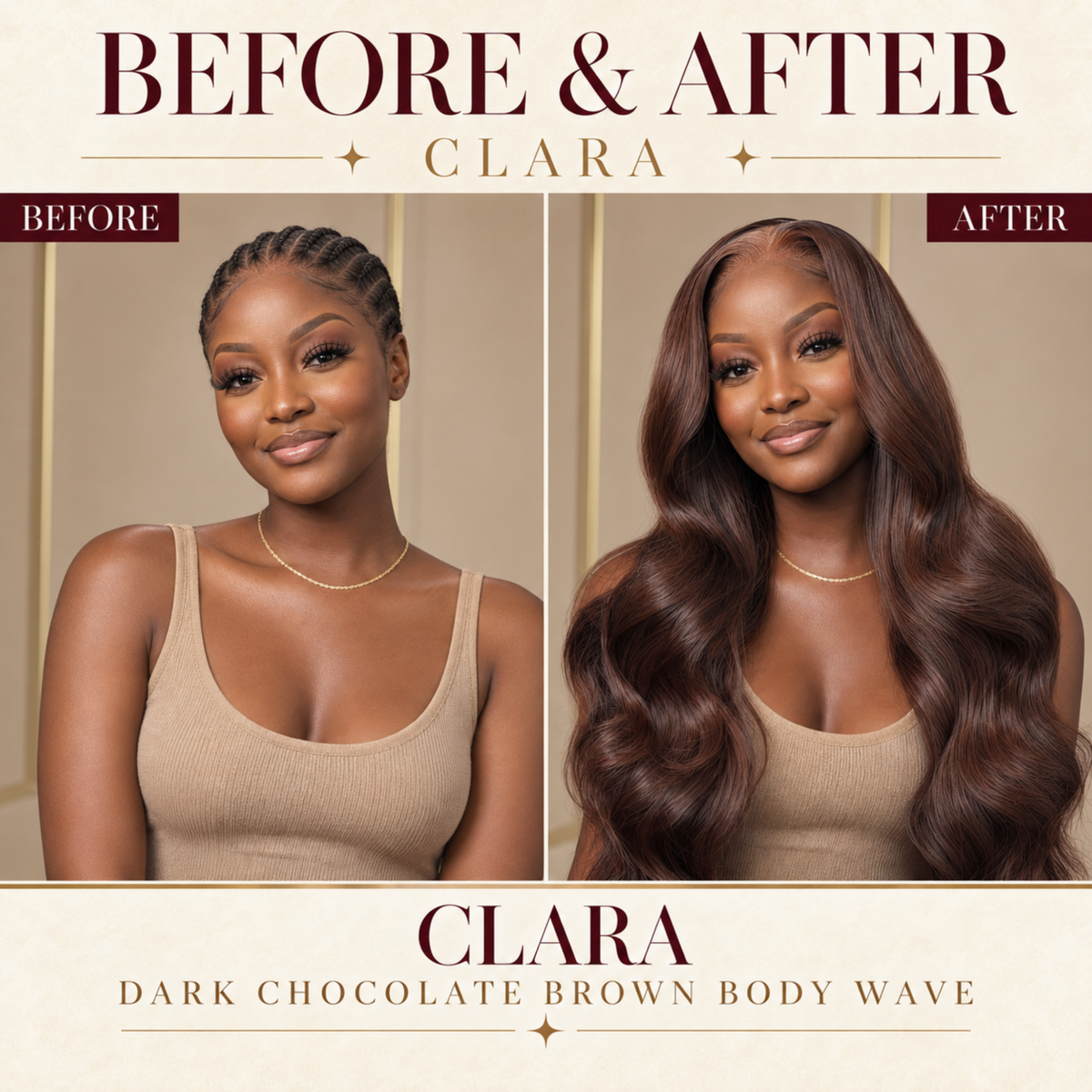 Dark chocolate brown lace wig, body wave style showing before-and-after look