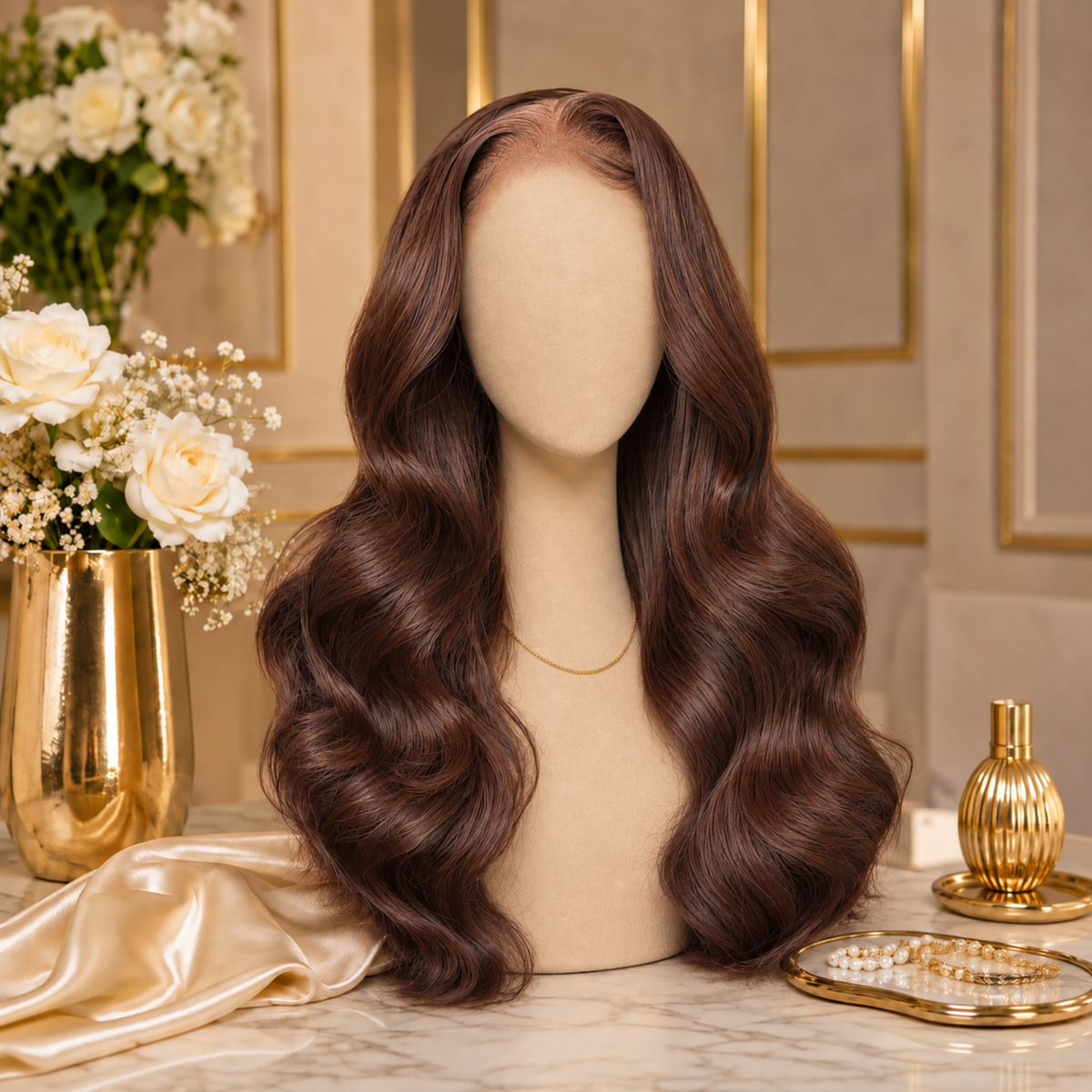 Dark chocolate brown lace wig with long body-wave curls, back view