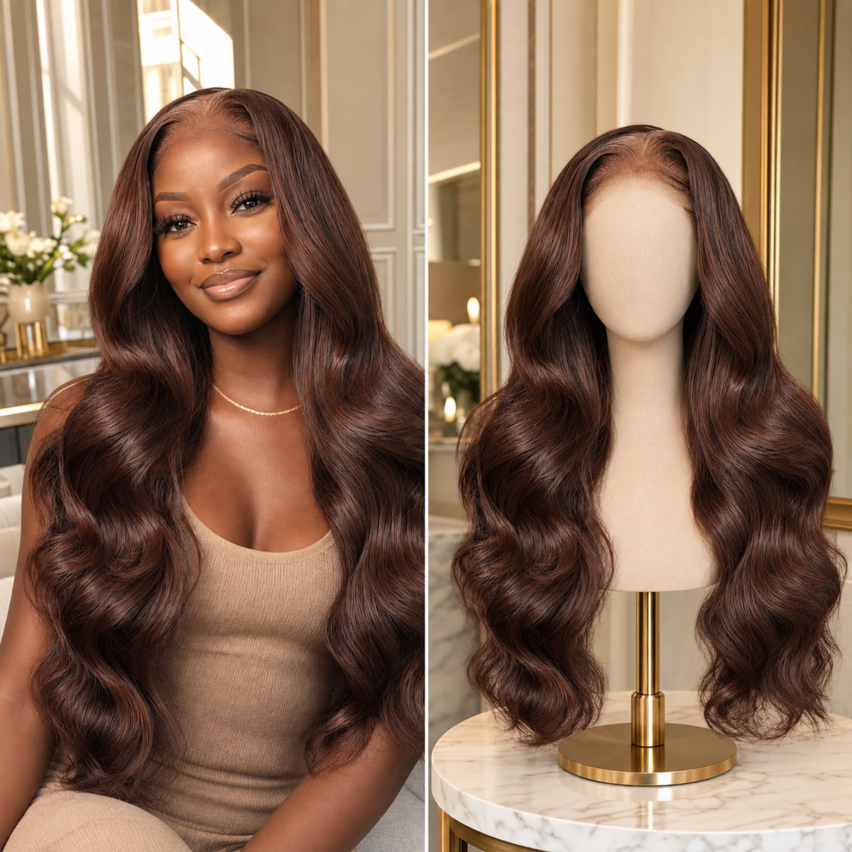 Dark chocolate brown lace wig with long body-wave curls, front and side view