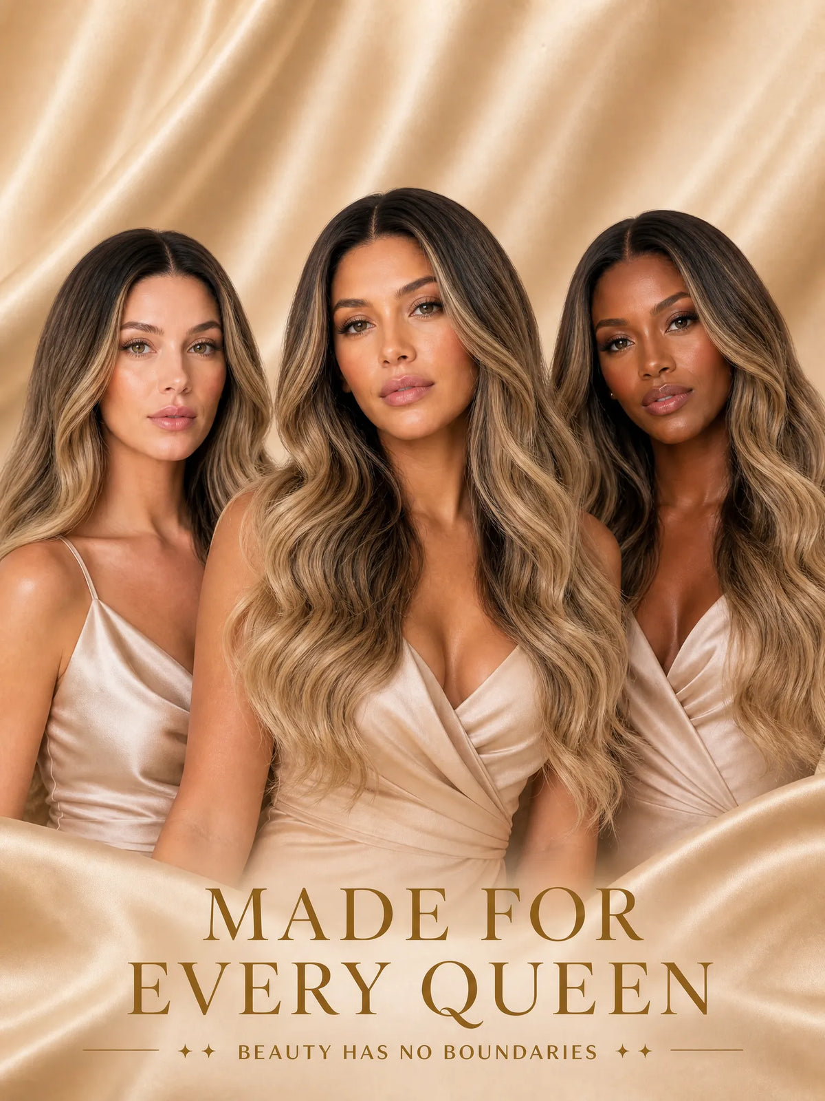 Women wearing long lace wigs with honey-blonde balayage waves and center part styles