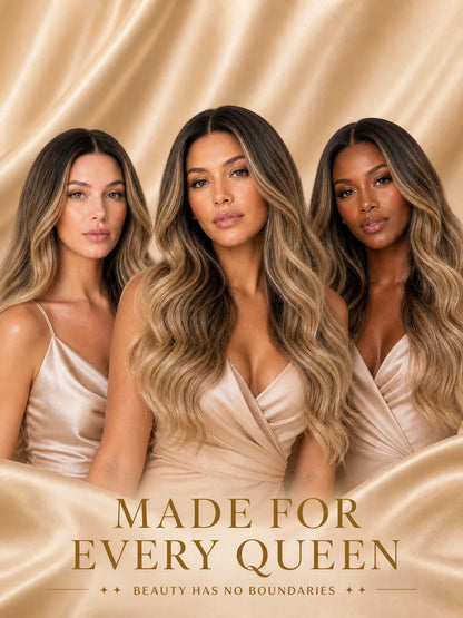 Women wearing long lace wigs with honey-blonde balayage waves and center part styles