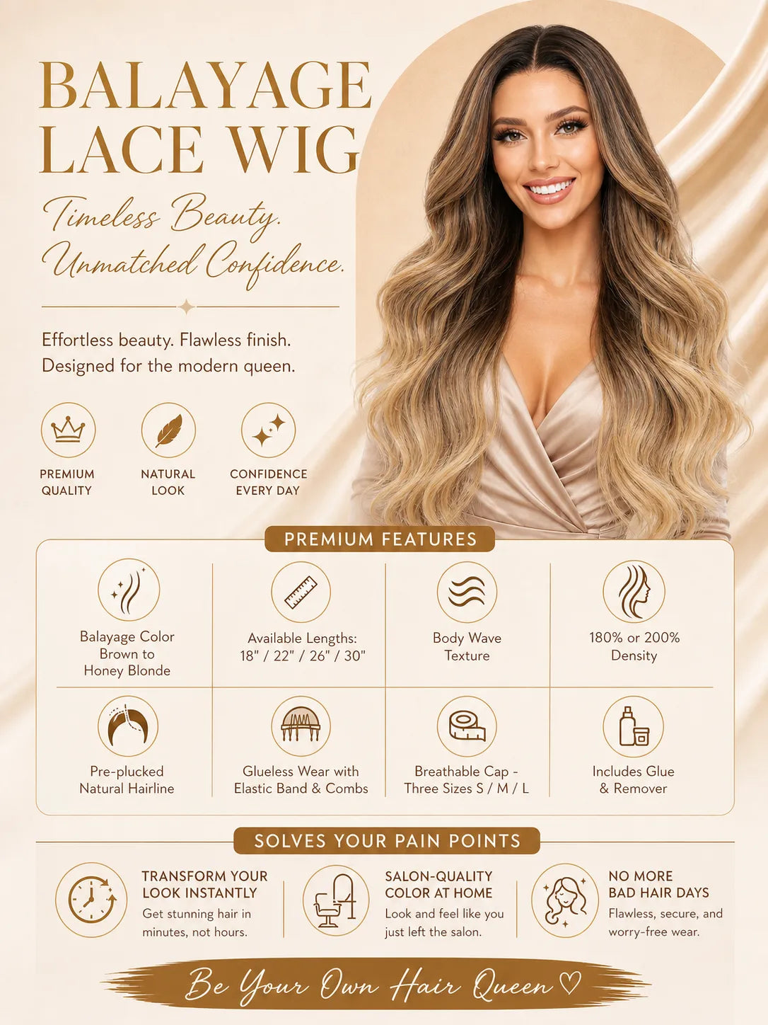 Lace wig in golden balayage tones with wavy length and a natural center part