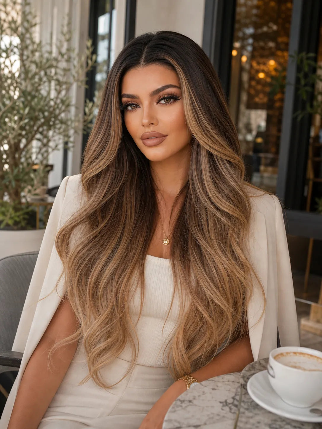 Long honey blonde lace front wig with long loose waves, center part on model