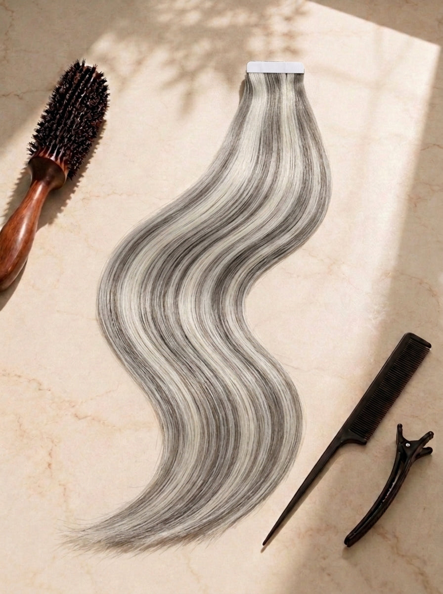 Straight tape-in extensions, long smooth waves, silver gray with darker roots, tape tab top.