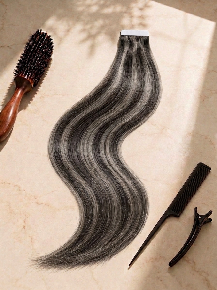Straight tape-in extensions, long smooth waves, dark charcoal black, tape tab at top.
