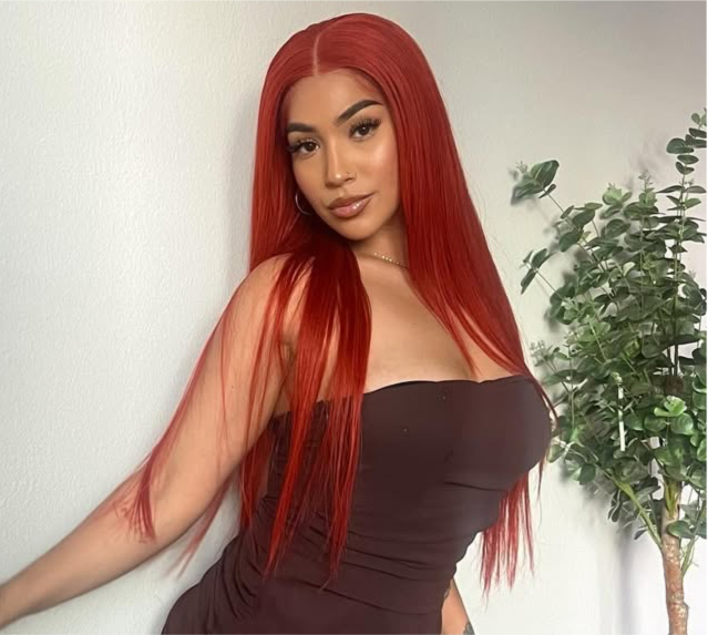 Virdi lace wig with long straight red hair and center part
