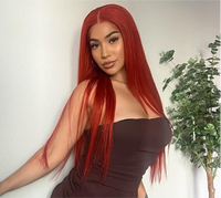 Long red straight wig with center part and smooth, flowing length