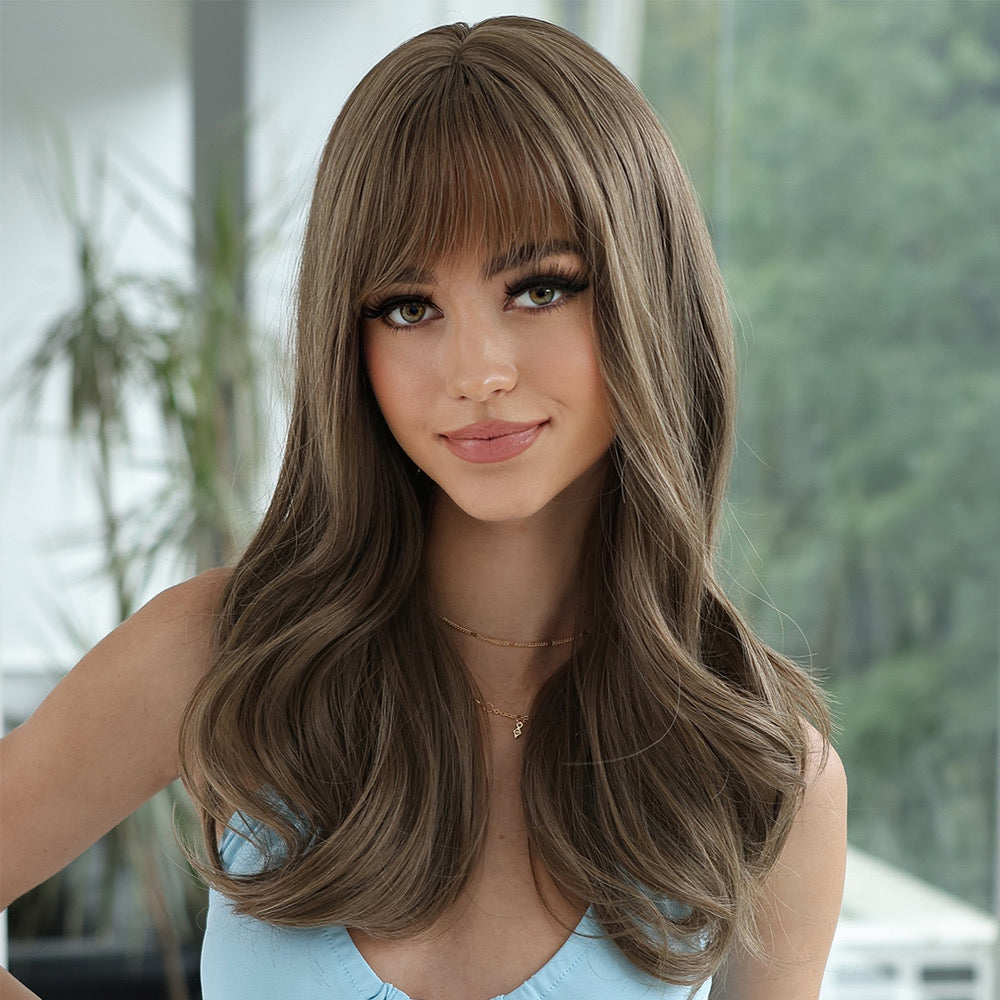 Light brown wavy wig with bangs, long shoulder-length curls and fringe