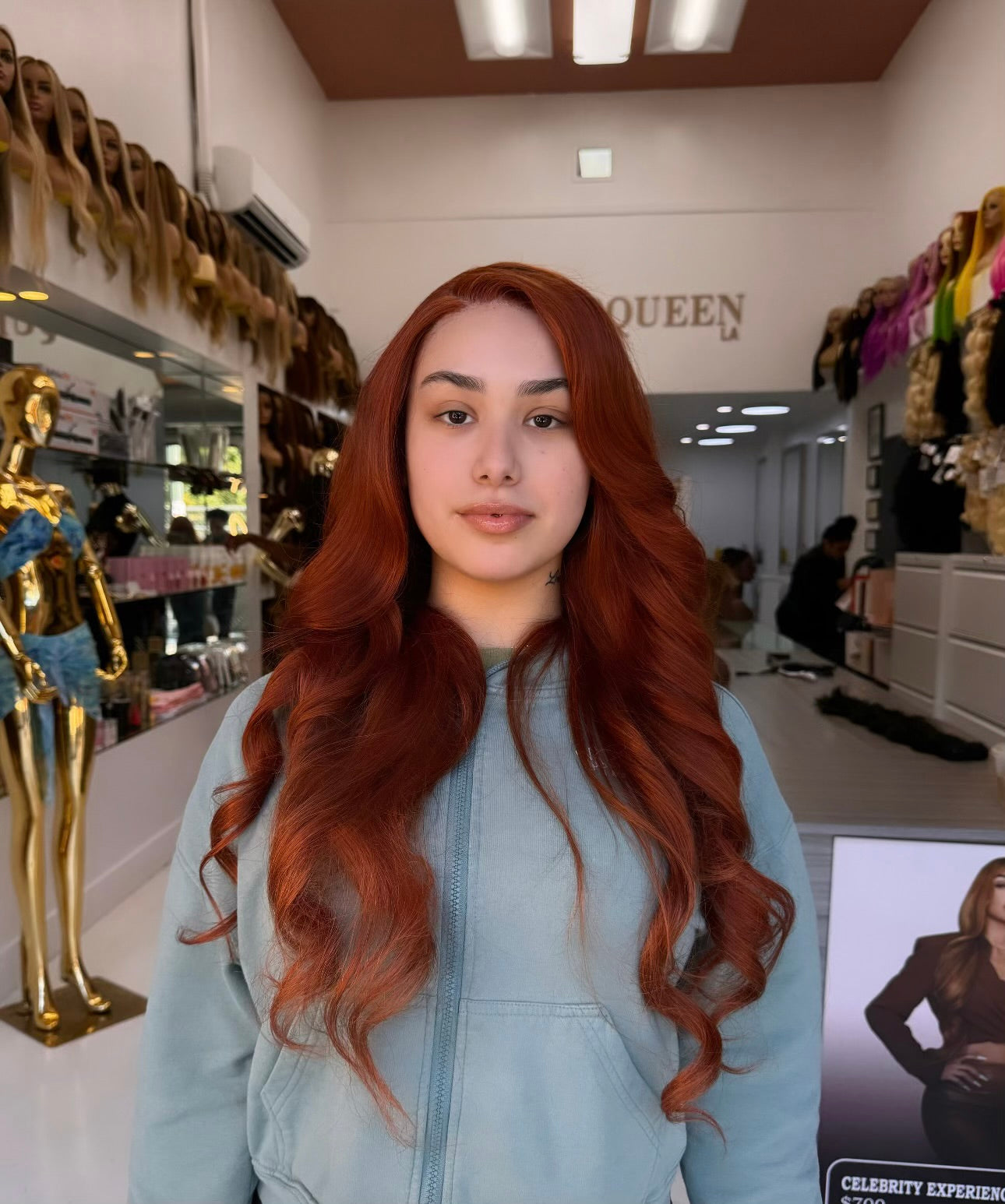 Ginger lace wig with long wavy auburn hair