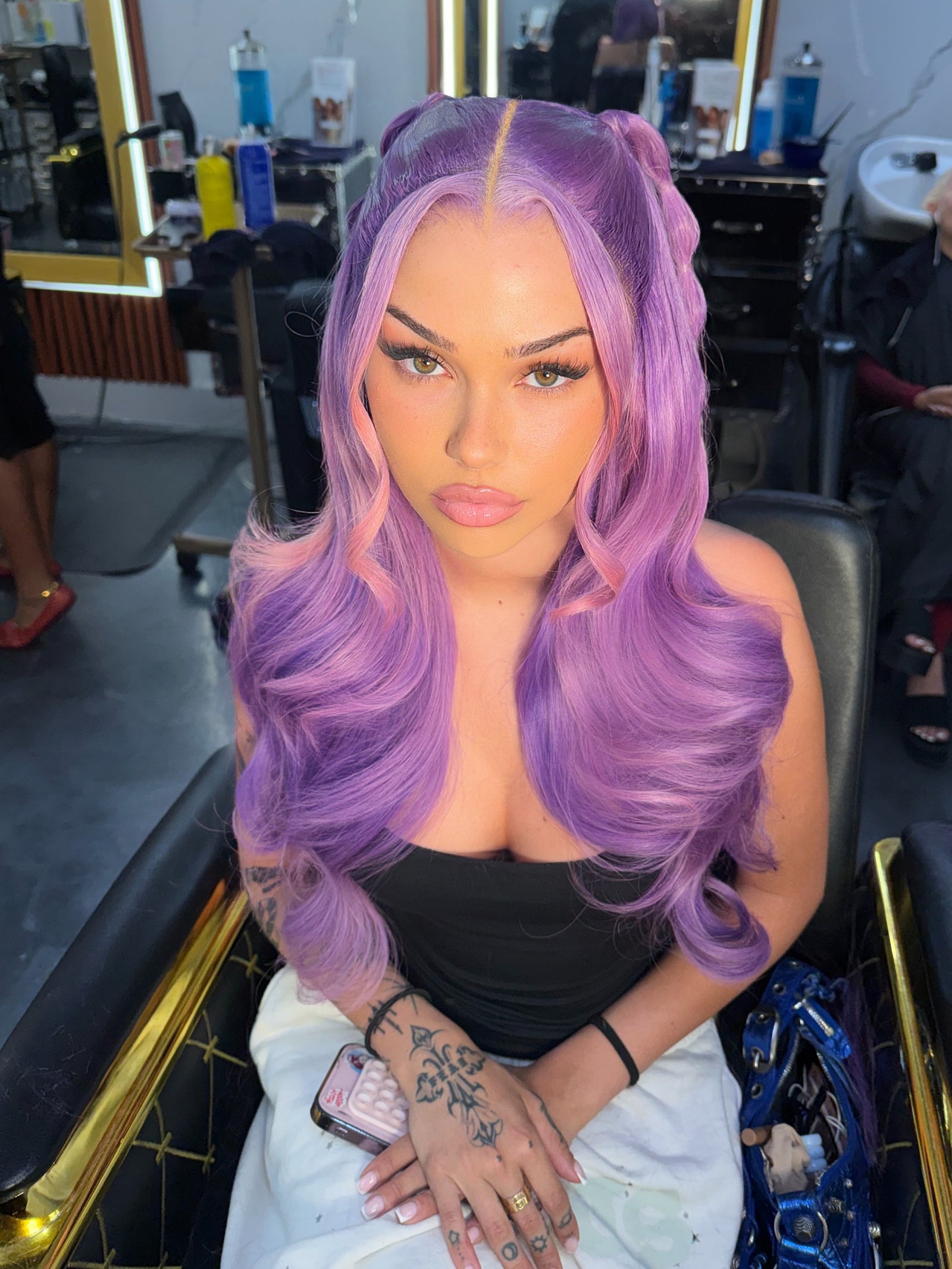 Purple lace wig, long wavy hair with center part