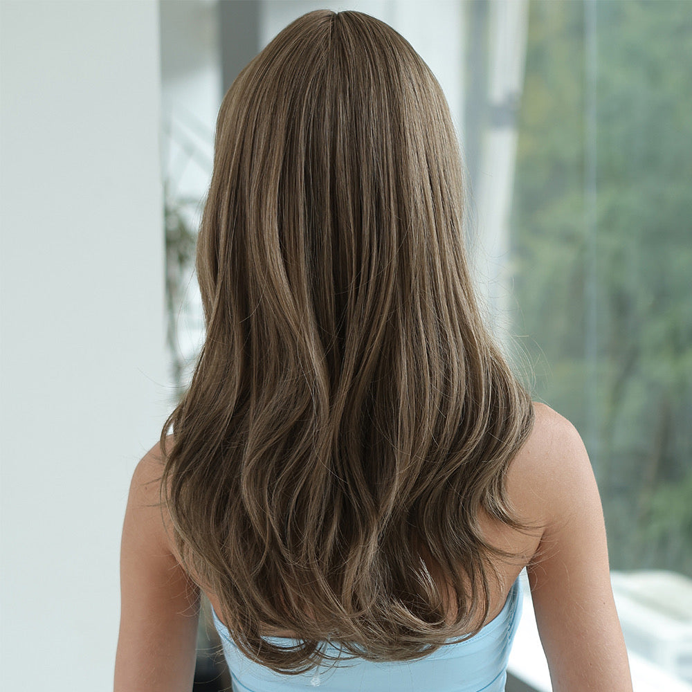 Light brown wavy wig, back view with long layered waves