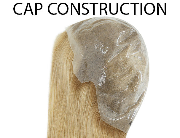 Wig cap construction view with translucent mesh and hand-tied hair strands