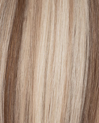 Blonde blend hair strands close-up with fine, straight texture