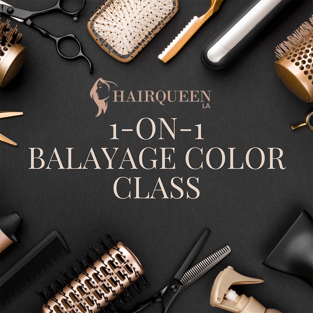 Balayage color class flyer with scissors, hairbrush, and hair dryer