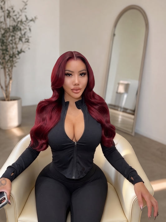Burgundy lace wig with long wavy hair, side part, voluminous curls