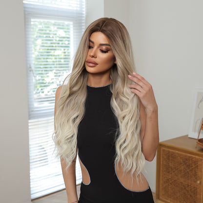 Long Blonde Curly Synthetic Blend Wig with Dark Roots