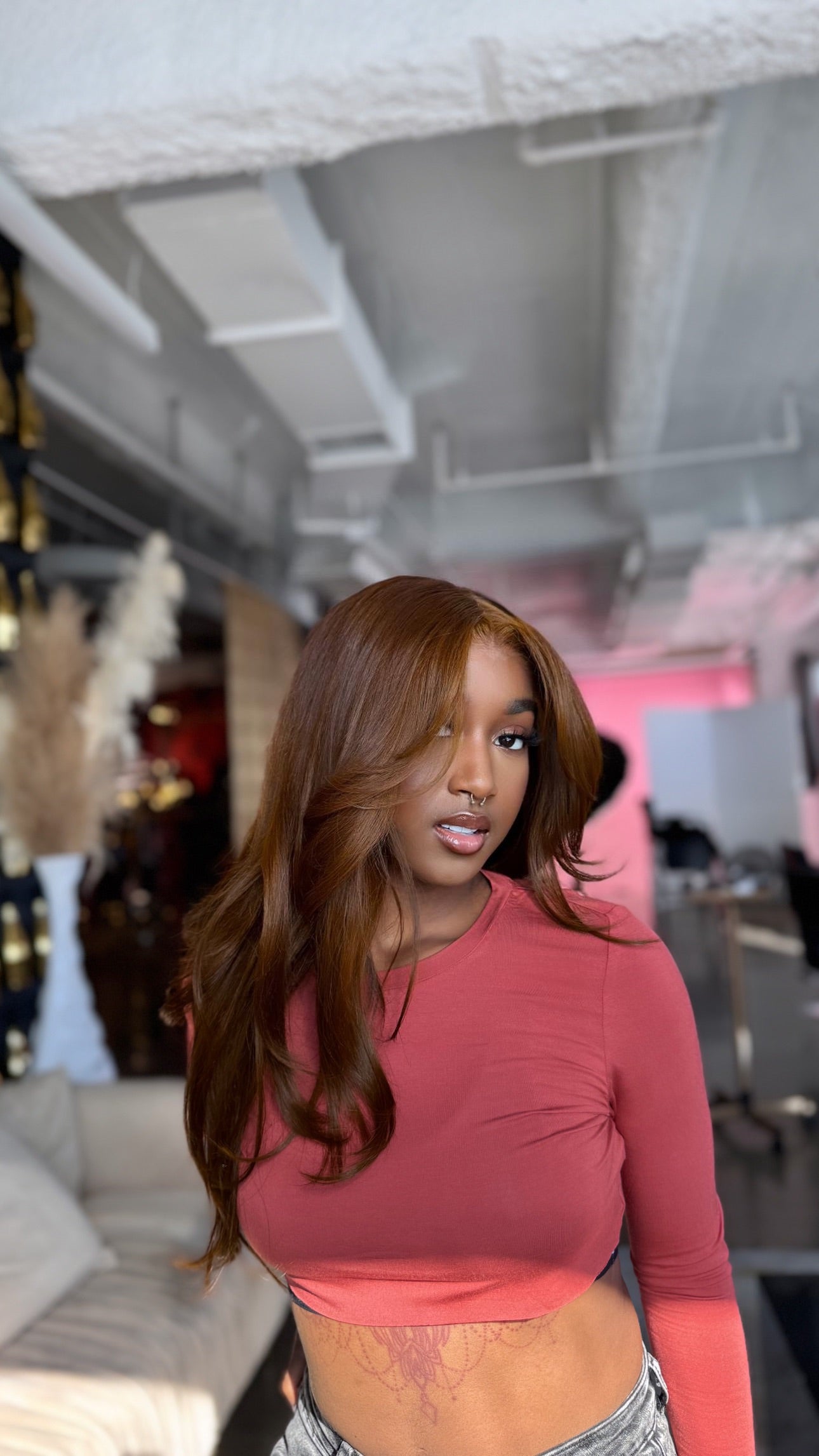 Ginger T lace wig, long loose curls in warm brown with side part
