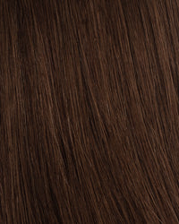 Chocolate brown hair extension close-up showing fine straight strands