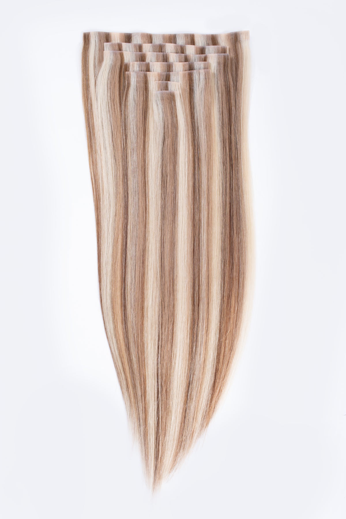 Blonde blend seamless clip-in hair extensions with a single weft, long straight hair
