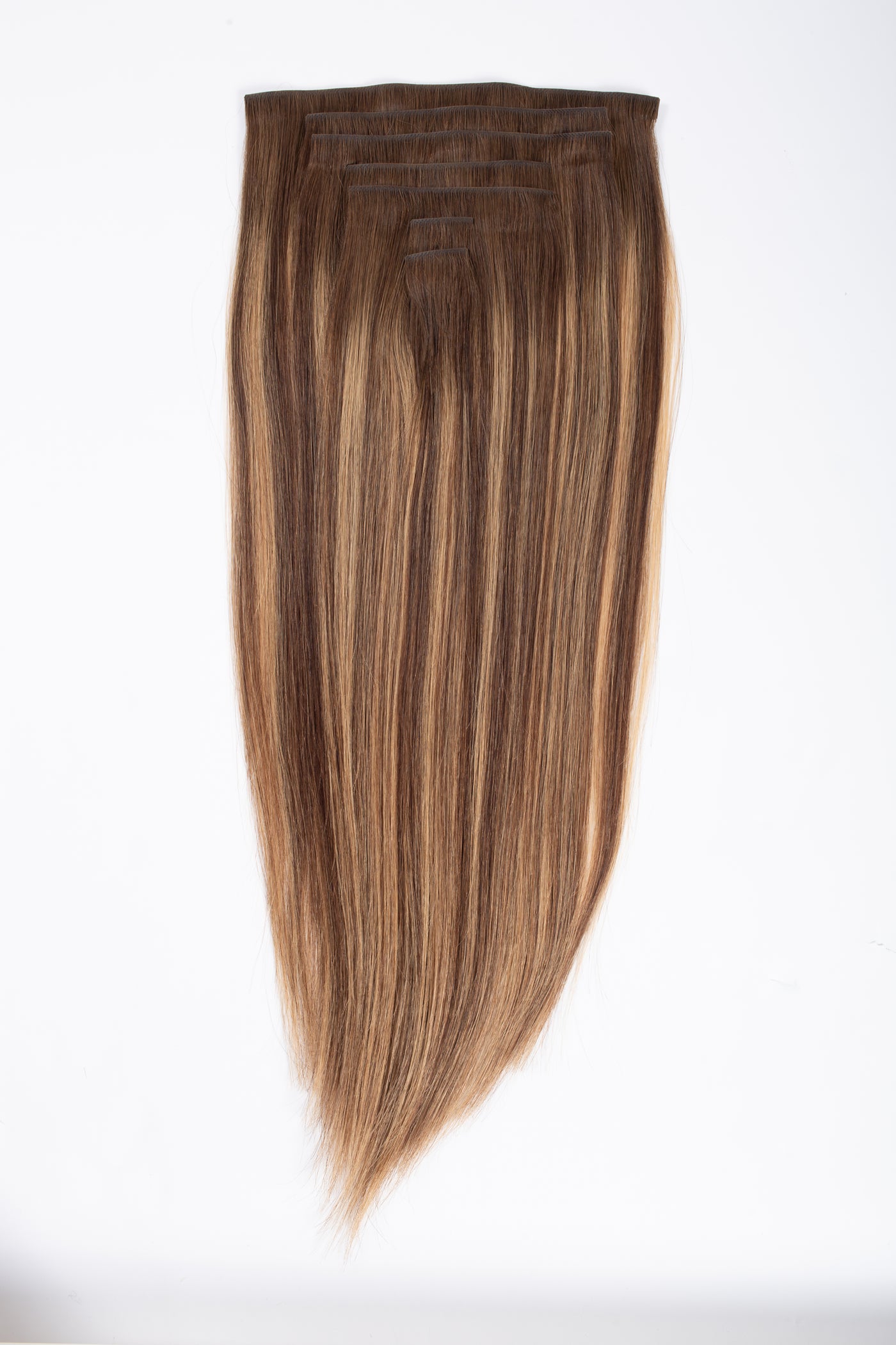 Caramel blend clip-in hair extensions, long straight hair panel