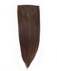 Chocolate-brown clip-in hair extensions with full, even strands and top comb track