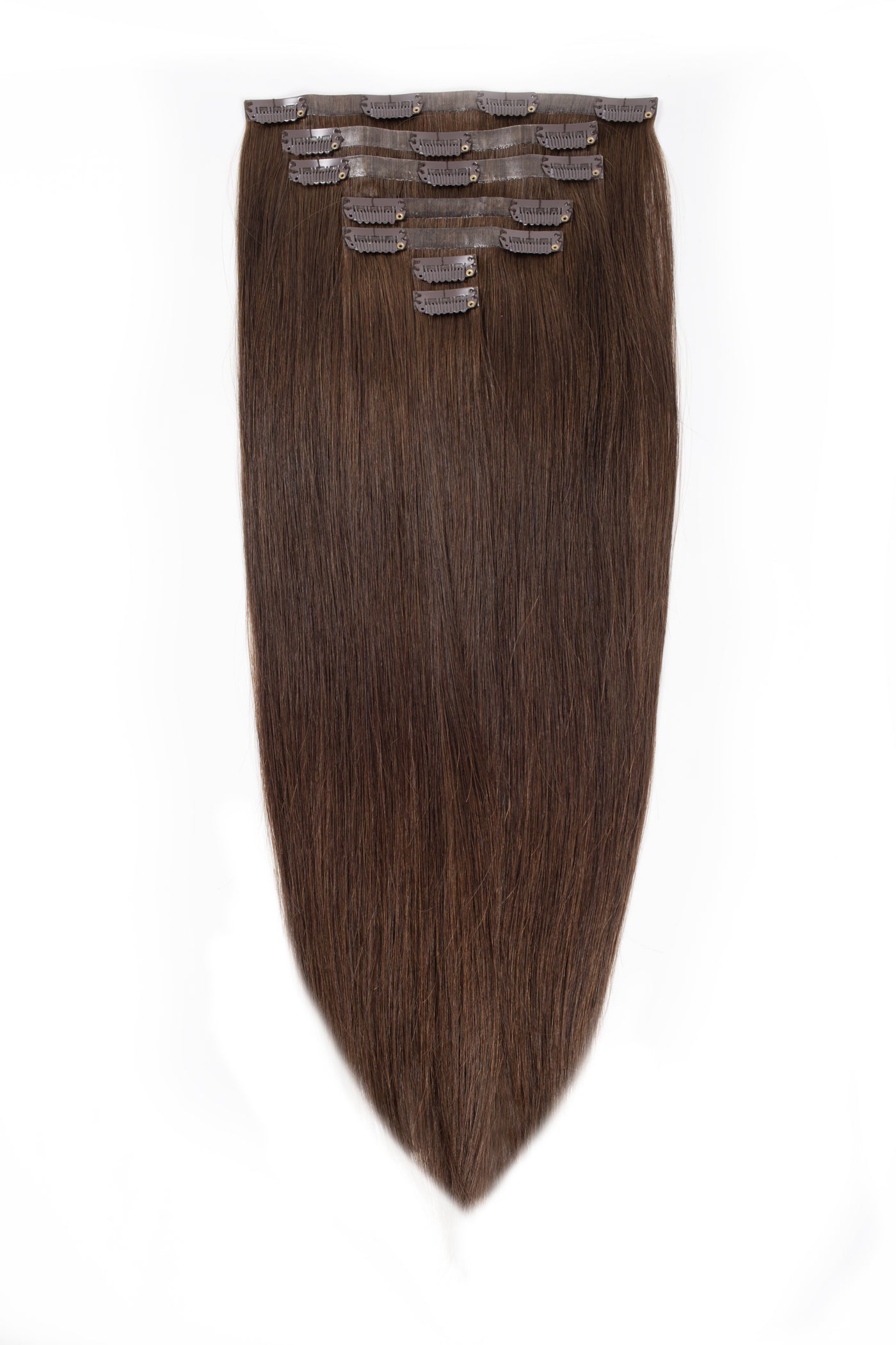 Chocolate-brown clip-in hair extensions with multiple sewn-on combs at top