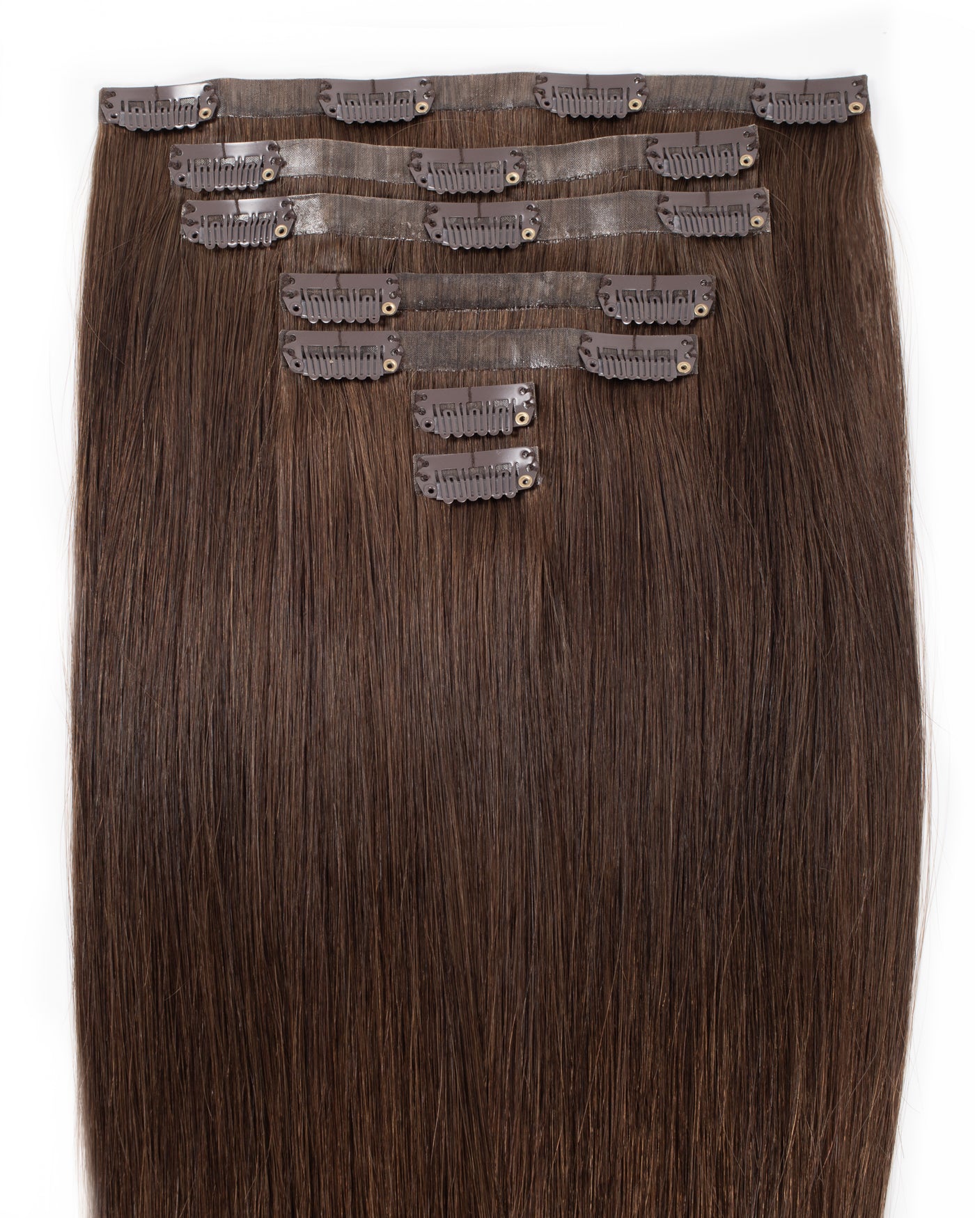 Chocolate-brown clip-in hair extensions, visible metal snap clips on back band