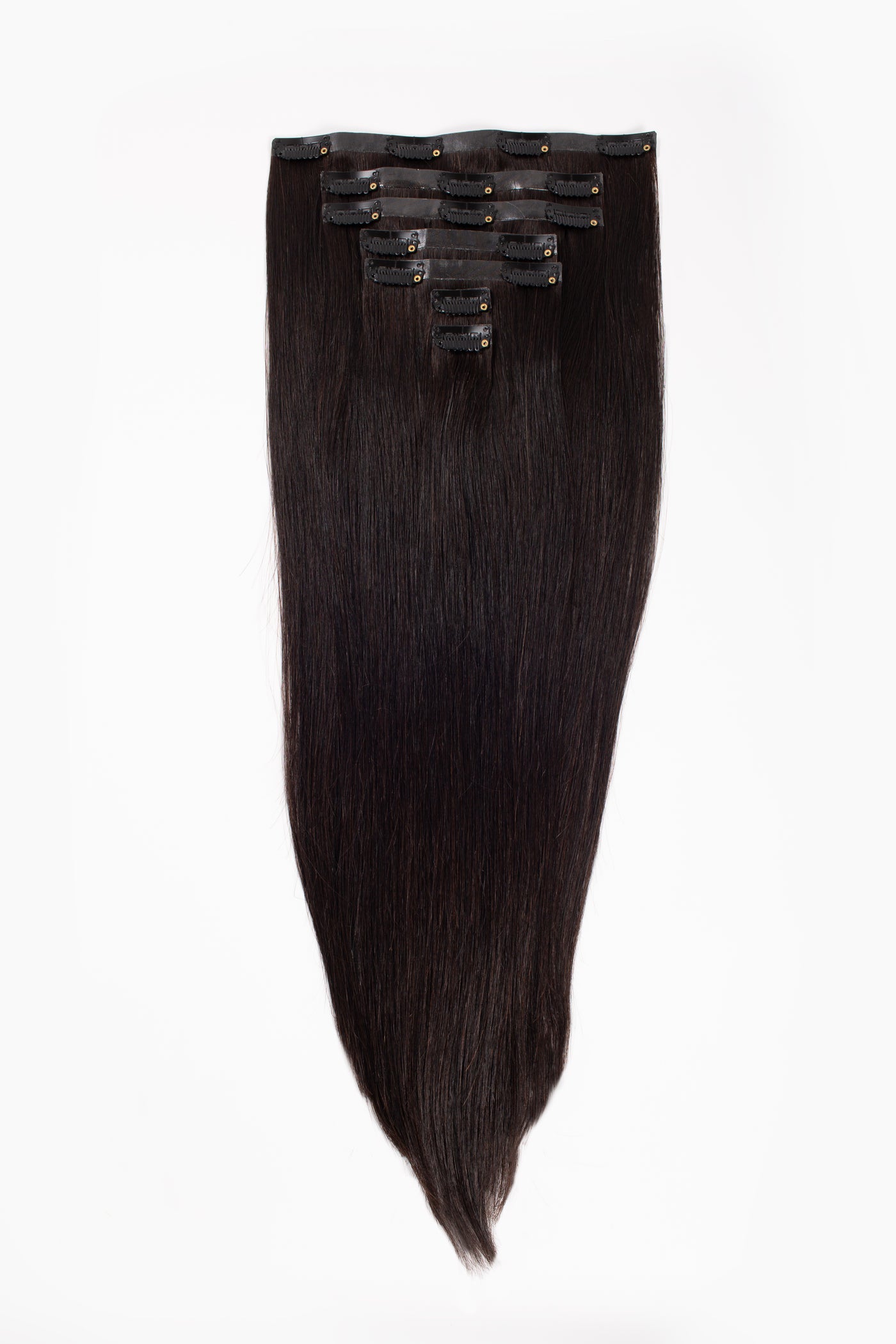 Off-black clip-in hair extensions, straight weft with tapered end