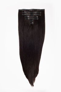 Off-black clip-in hair extensions, straight weft with tapered end