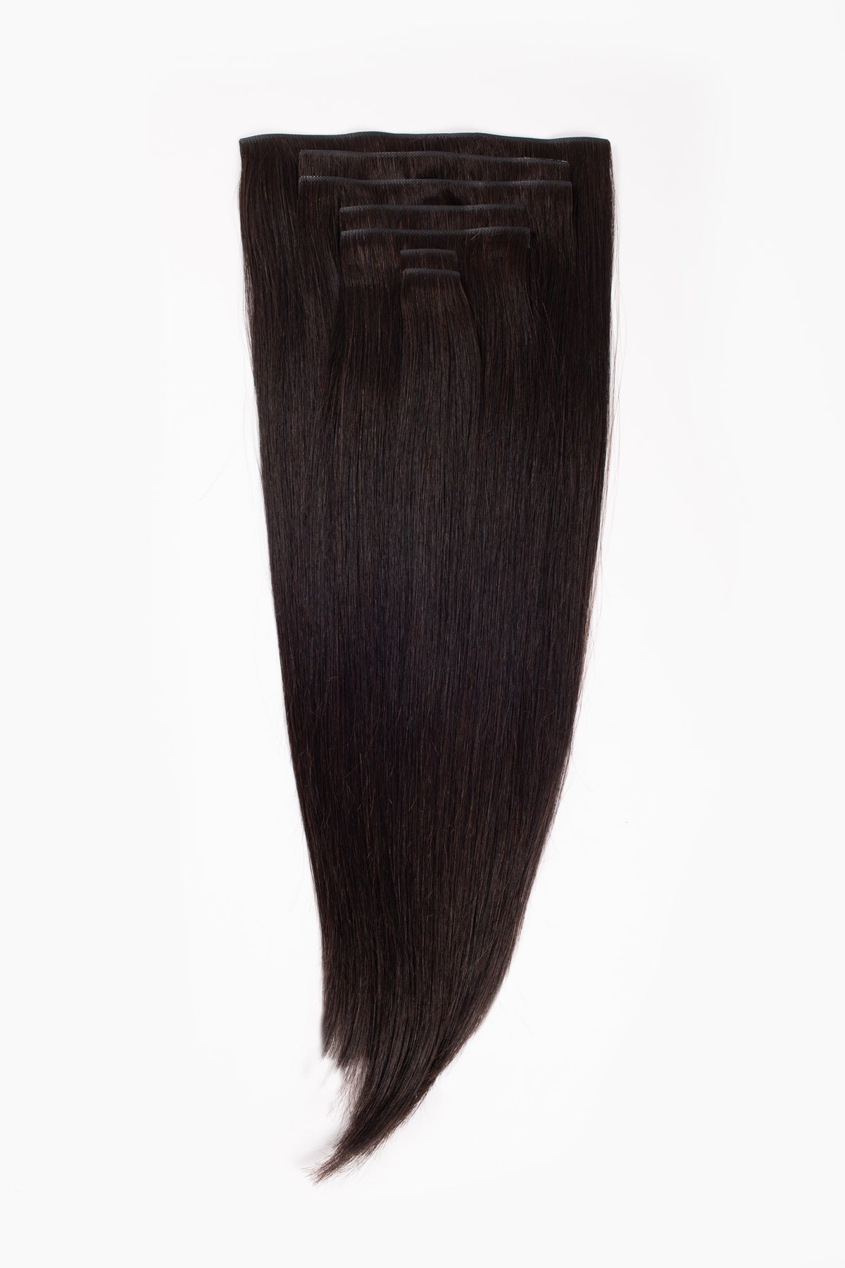 Seamless off-black clip-in hair extensions, long straight weft