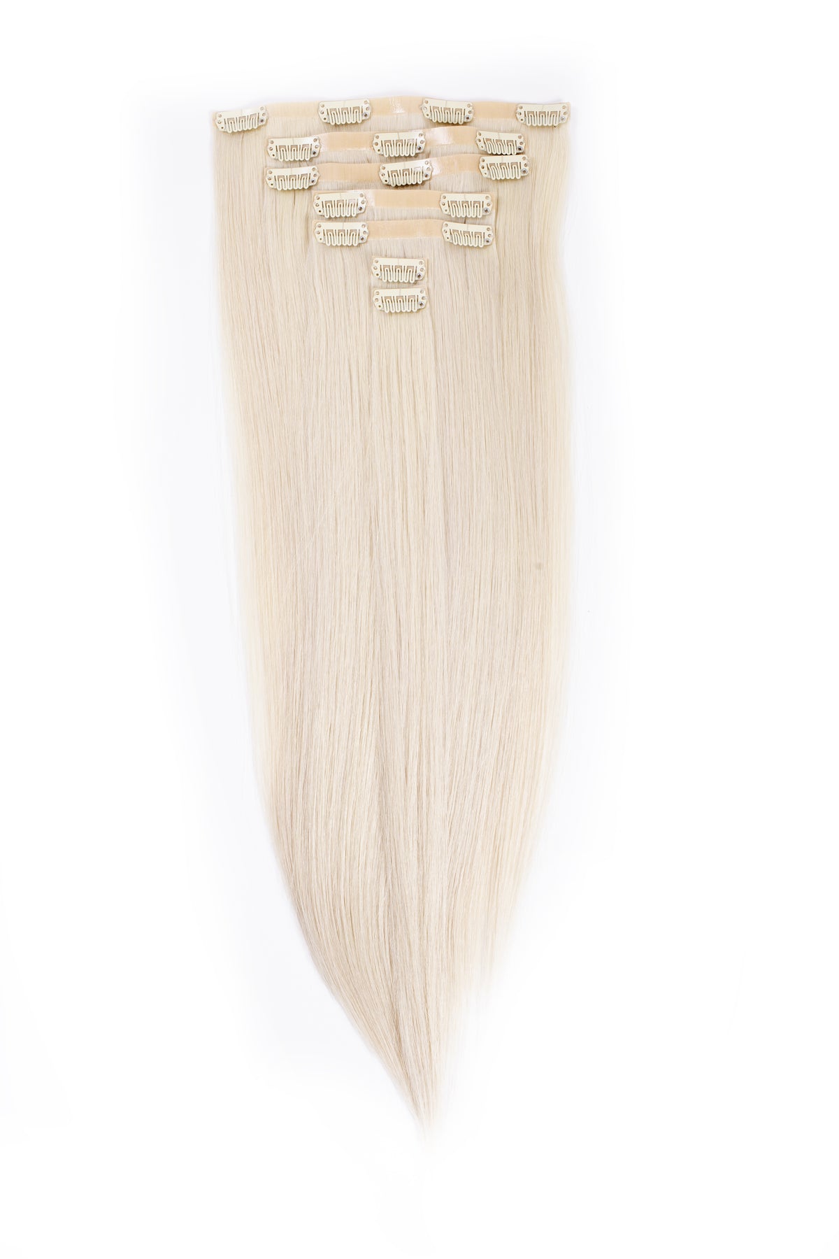 Seamless clip-in hair extensions, straight platinum blonde weft with metal clips