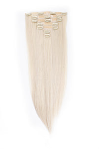 Seamless clip-in hair extensions, straight platinum blonde weft with metal clips