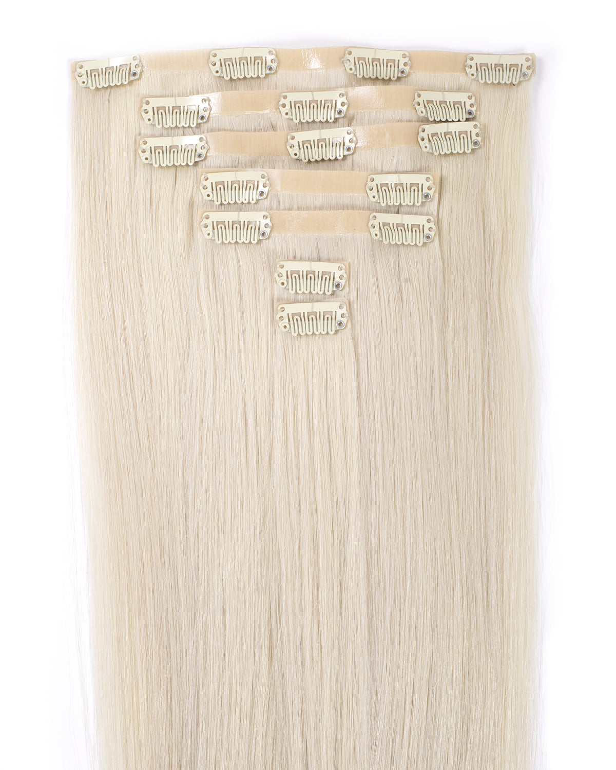 Seamless clip-in hair extensions, platinum blonde weft with multiple small snap clips