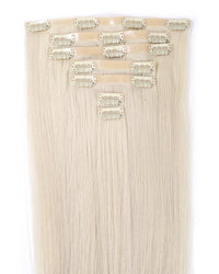 Seamless clip-in hair extensions, platinum blonde weft with multiple small snap clips