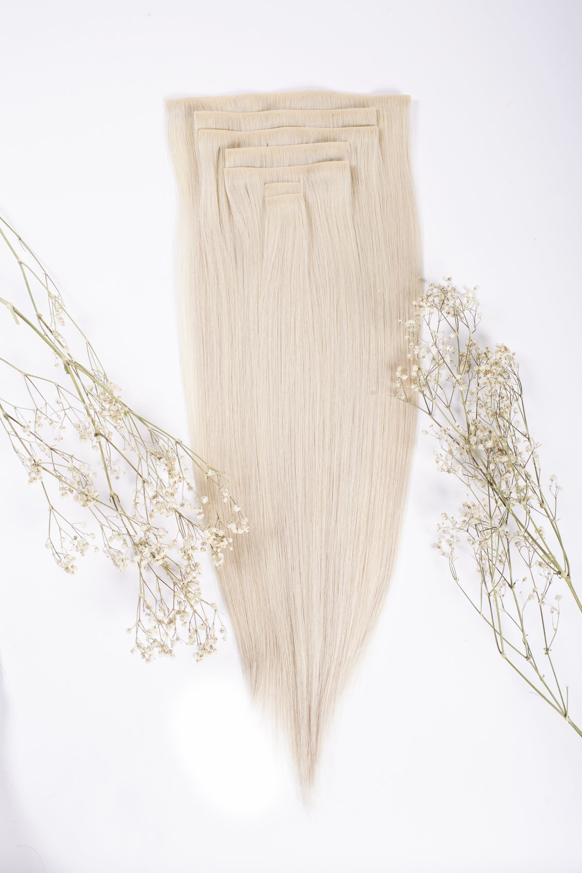 Seamless clip-in hair extensions, long straight platinum blonde hair panel