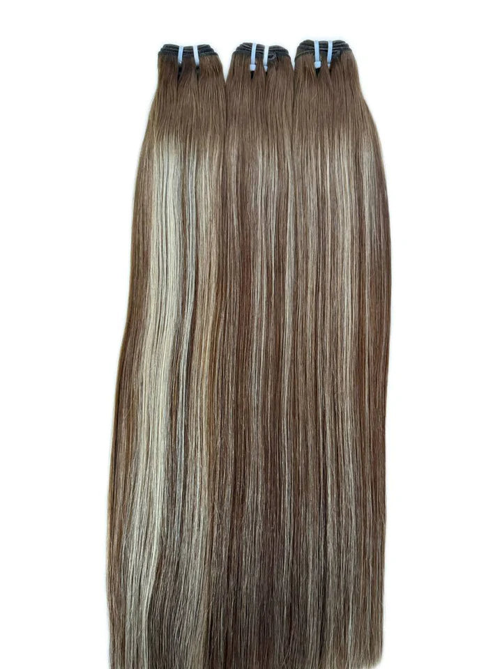 Hair extension bundles with wefts and clips, ash brown with cool highlights