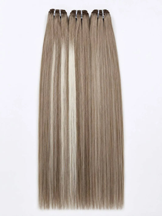Hair extension bundles with wefts and clips, light blonde ash tone