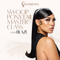Sleek black ponytail hairpiece with swoop fringe and side part