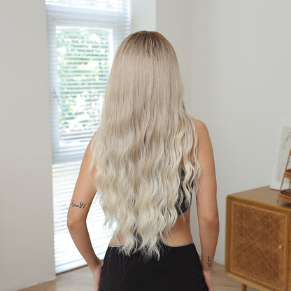 Long Blonde Curly Synthetic Blend Wig with Dark Roots