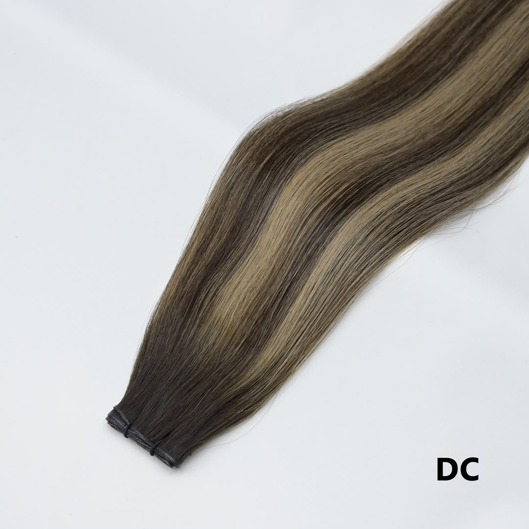 Tape-in hair extension in DC dark chocolate blend straight bundle with tape tabs