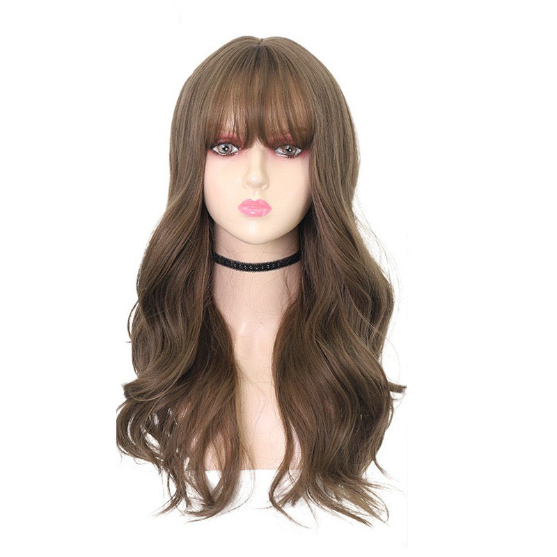 Brown curly synthetic blend wig with straight bangs and center hairline