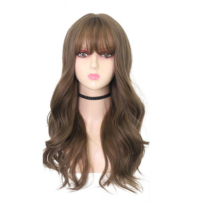 20” Brown Bangs Curly Synthetic Blend Wig
