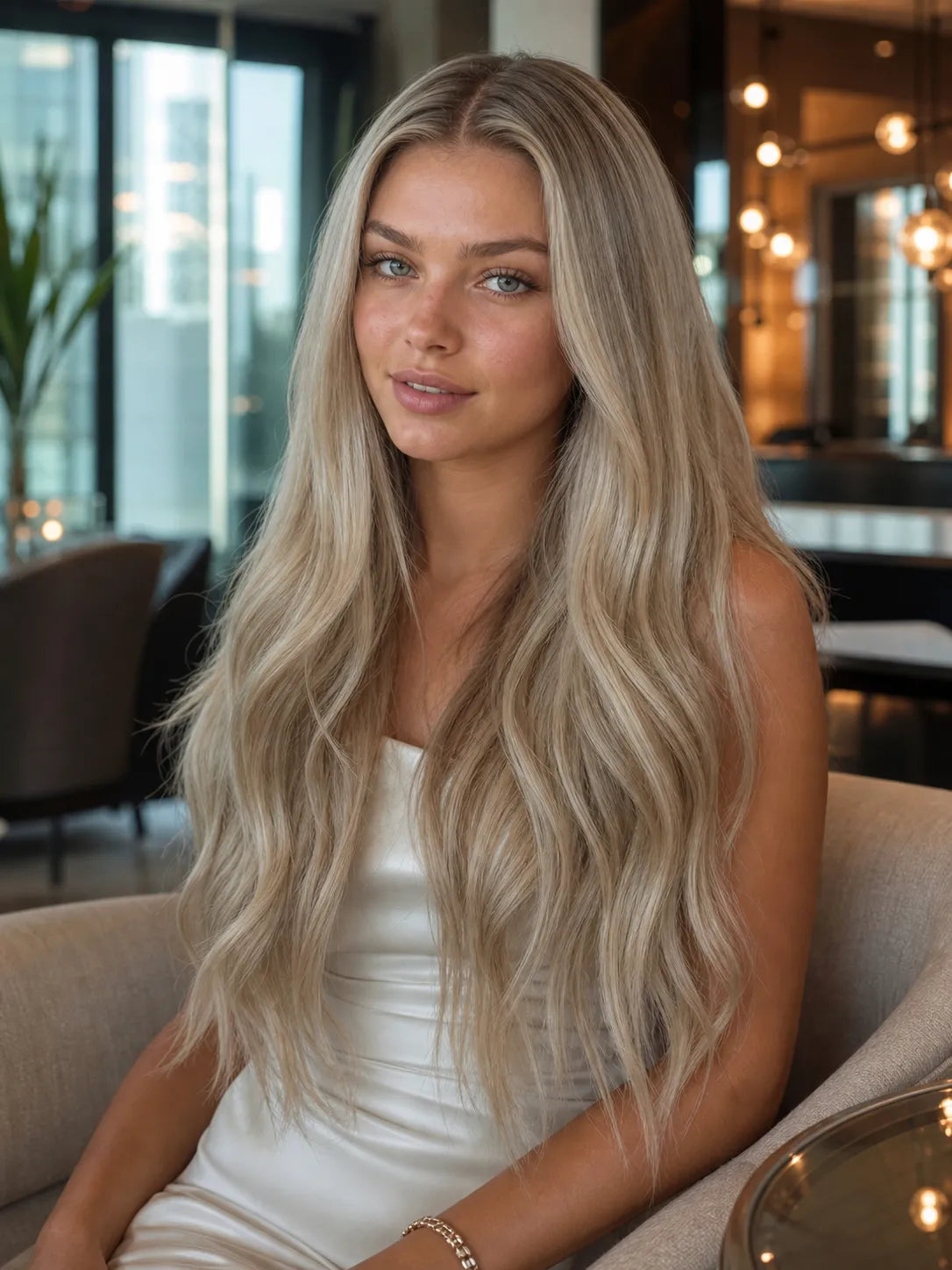 Long wavy ash-blonde lace wig with center part and natural hairline