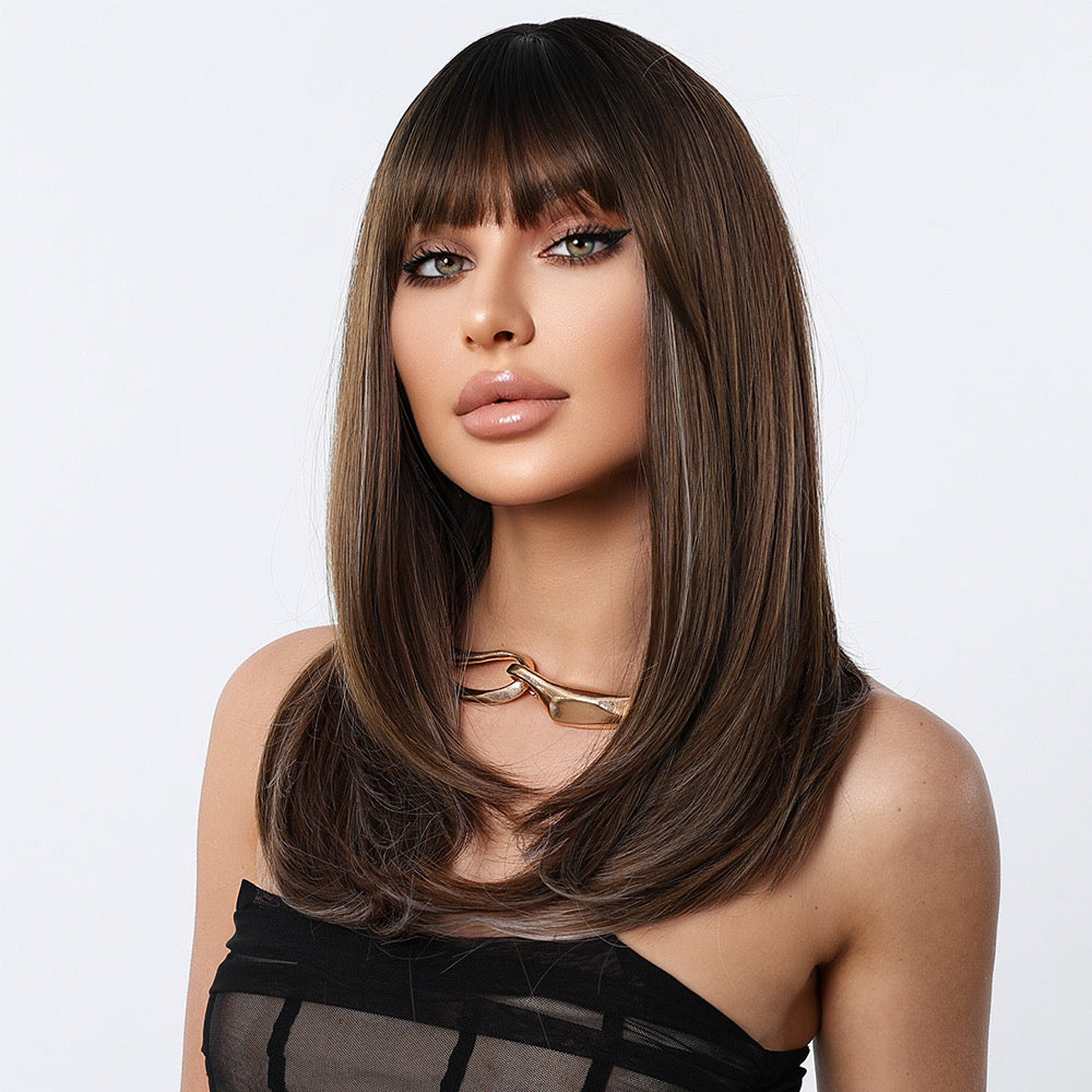 Layered synthetic wig with blunt bangs, brown hair with blonde highlights