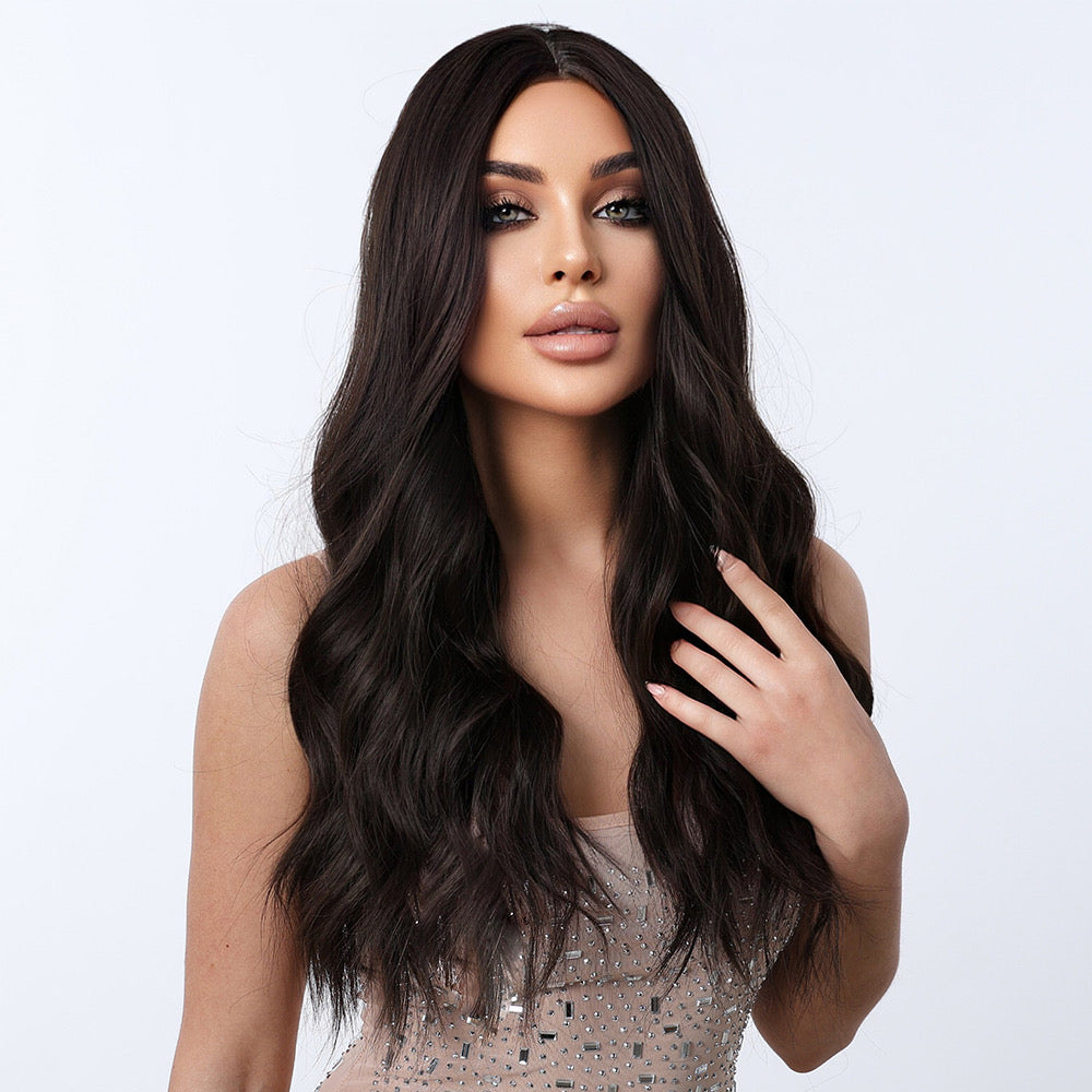 Long dark brown wavy synthetic wig with side-swept layers and natural-looking shine