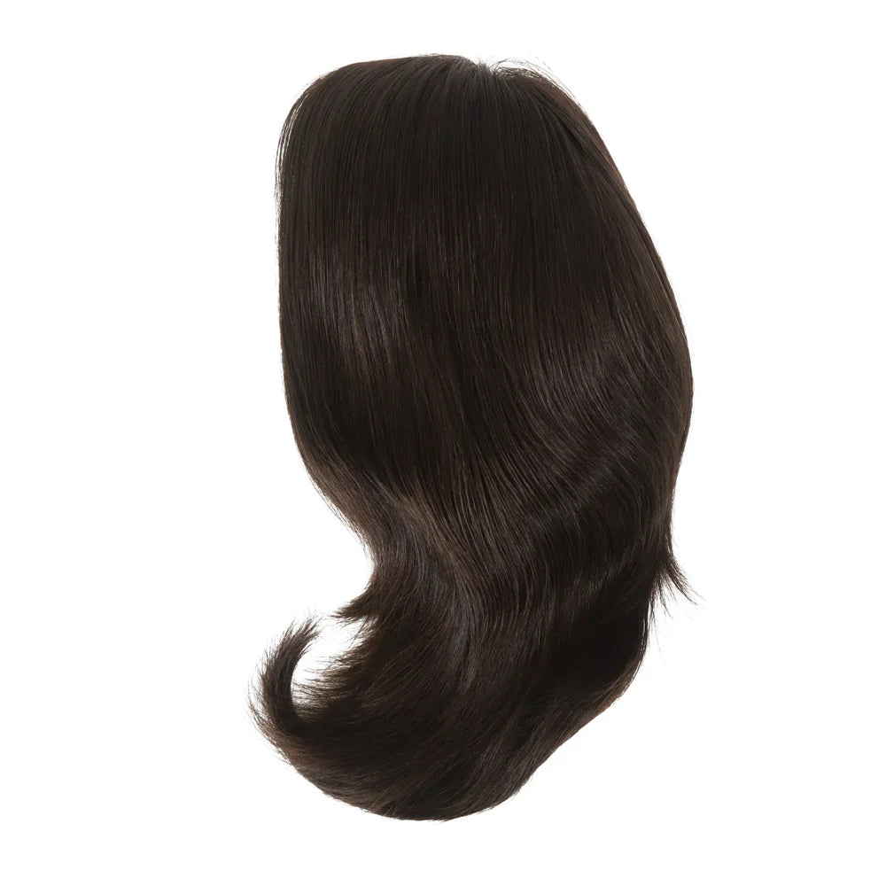 Black lace front wig with shoulder-length loose waves, side view.